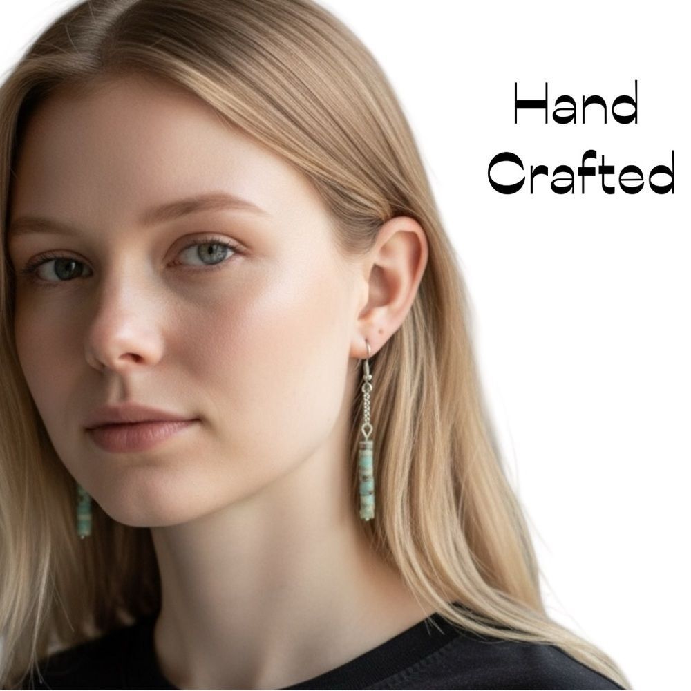 Hand Crafted Stacked Green Cream Gemstone Chain Earrings NWT